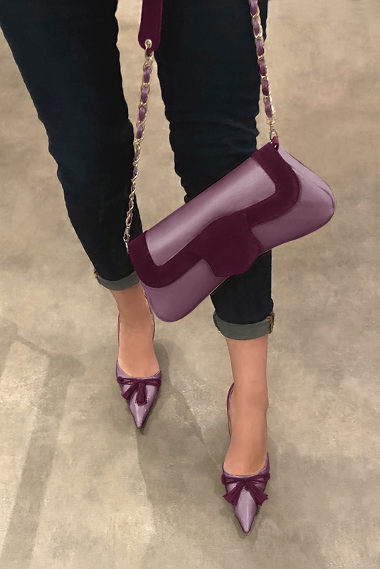 Mauve purple and wine red women's open arch dress pumps. Pointed toe. High slim heel. Worn view - Florence KOOIJMAN